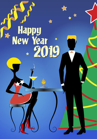 A blond woman in red dress and red shoes, sitting at a table and holding a cigarette, is talking to her boyfriend in black suit during the 2019 New Year partyのイラスト素材