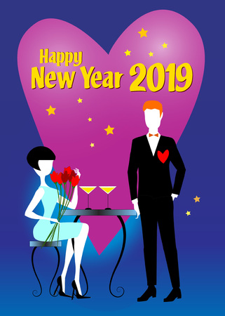 A brunette woman in blue dress and black shoes, sitting at a table, holding flowers and drinking cocktails is talking to her boyfriend in black suit during the 2019 New Year partyのイラスト素材