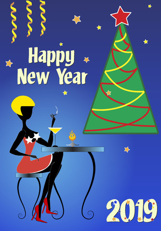 A blond woman in red dress and red shoes, sitting at a table, smoking cigarettes and drinking cocktails is waiting to her boyfriend during the 2019 New Year partyのイラスト素材