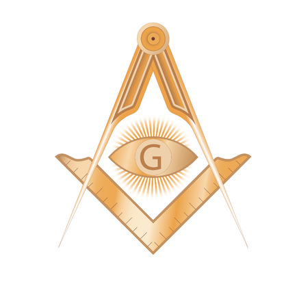 Copper masonic square and compass symbol, with G letter in an eye on sun rays. Mystic occult esoteric, sacred society. Vector illustrationのイラスト素材
