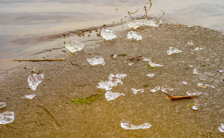 Frozen ice crystals on the Dnieper river in Kiev, Ukraine, during winter