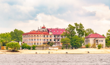 Kiev/Ukraine - May 10, 2019 - View of the Vita Park Borisfen Hotel close to the Dnieper River in the Desna district of Kiev, Ukraine, at the beginning of spring.のeditorial素材