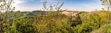 Panoramic View of the Montefeltro hills from the small village of Belvedere Fogliense in the Marche region of Italy.の写真素材