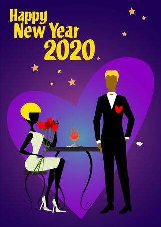 A blond woman in white dress and white shoes, sitting at a table and holding a tulip, is talking to her boyfriend in black suit during the 2020 New Year partyのイラスト素材