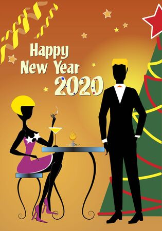 A blond woman in red dress and red shoes, sitting at a table and holding a cigarette, is talking to her boyfriend in black suit during the 2020 New Year partyのイラスト素材