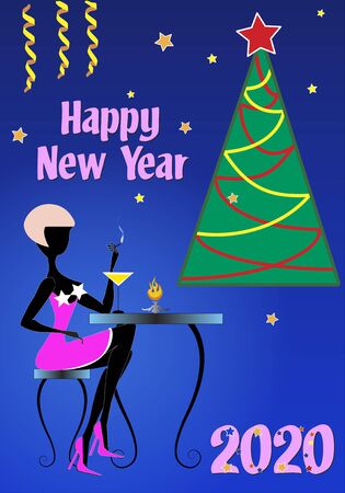 A blond woman in pink dress and red shoes, sitting at a table, smoking cigarettes and drinking cocktails is waiting to her boyfriend during the 2020 New Year partyのイラスト素材