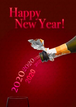 Bottle of Champagne wine pouring 2020 in a glass for new year two thousand eighteenの写真素材
