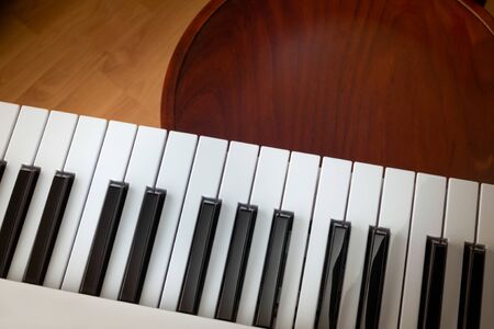 Close up detail on the black and white keys of a music keyboard, with copy space for text
