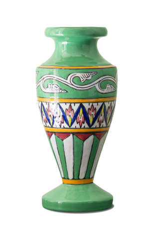 Green vase with colored decoration, isolated on white backgroundの写真素材