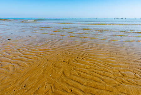 View of the Adriatic Sea from the sandy beach in Pesaro, Italy, during a sunny spring dayの写真素材