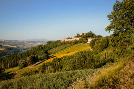 A view of Belvedere Fogliense, a little village on a hill, between Pesaro and Urbino in the...