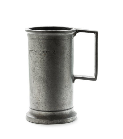 Antique pewter capacity measure isolated on white backgroundの写真素材
