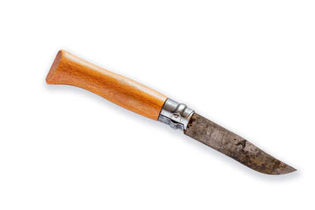 Pocket Knife with wooden handle and security ring, isolated on white backgroundの写真素材