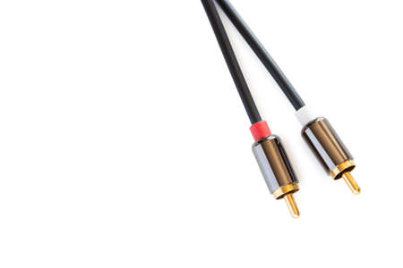 Gold-plated audio cable RCA to Jack 3.5 mm, isolated on white backgroundの写真素材