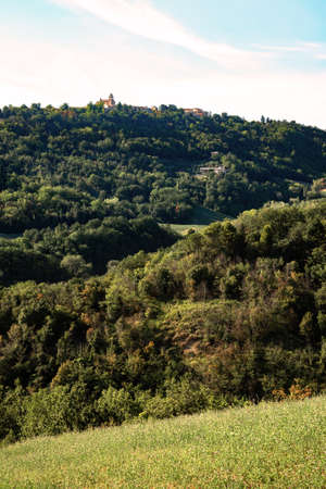 View of fields under Belvedere Fogliense, Region Marche of Italy. In the background appears the medieval city of Mondainoの写真素材