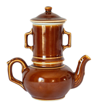 French three pieces set brown stoneware Coffee pot or Teapot. Vintage object from the fifties, isolated on white backgroundの写真素材