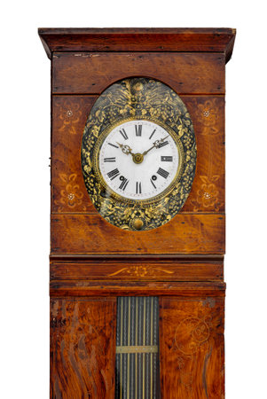 Antique wooden french clock from Brittany, isolated on white backgroundの写真素材