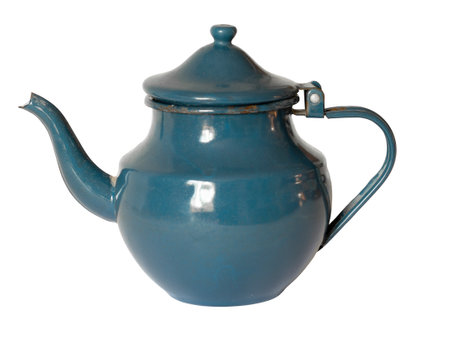 Blue antique enameled teapot isolated on white backgroundの写真素材