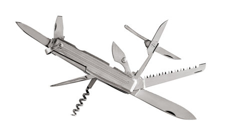 Multi blade folding pocket knife in steel metal, isolated on white backgroundの写真素材
