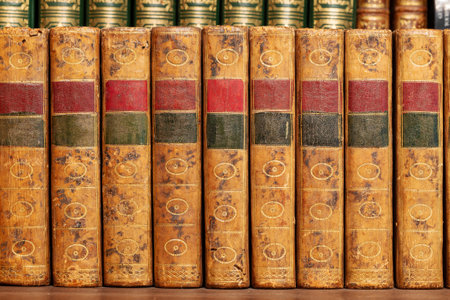 Pile of antique books with a leather cover and golden ornaments on a wooden tableの写真素材