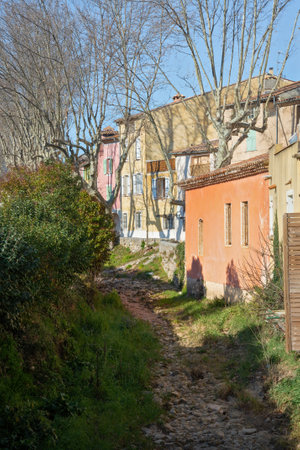 View of a dry creek in the small town of La Roquebrussane in the Var department, in the Provence region of Franceのeditorial素材