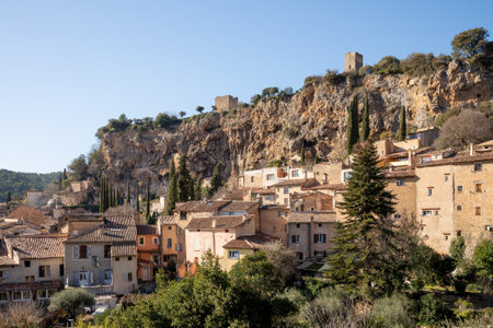 Cotignac is a French village in the Var department of the Provence-Alpes-CÃ´te d'Azur region. It is famous for its troglodyte dwellings that are carved into tufa cliffs covered with large stalactites, and its two feudal towers from 1033.のeditorial素材