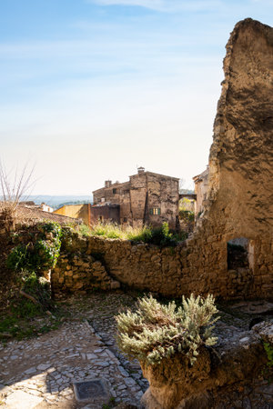 View of an old house in Cotignac, a French village in the Var department of the Provence-Alpes-CÃ´te d'Azur region. It is famous for its troglodyte dwellings that are carved into tufa cliffs covered with large stalactites, and its two feudal towers from 1のeditorial素材