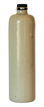 Beige antique stoneware bottle isolated on white backgroundの写真素材