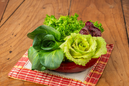 Four salads in a cup on an antique wooden table: green grumolo chicory, radicchio from Chioggia, radicchio from Castelfranco and curly salad.の写真素材