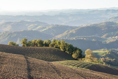 View of the hills of Montefeltro in Italy, from the Pietrarubbia region under the Carpegna Mount in the Italian Marche, close to Emilia Romagna and Toscanaの写真素材