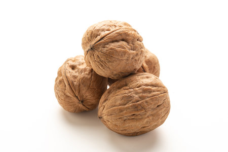 Heap of walnuts fruits on white backgroundの写真素材