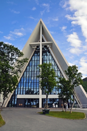 The Arctic Cathedral, built in 1965, is the landmark of Tromsö  The particular shape of this building was inspired by the landscapes in northern Norway and inside there is a very beautiful glass mosaics のeditorial素材