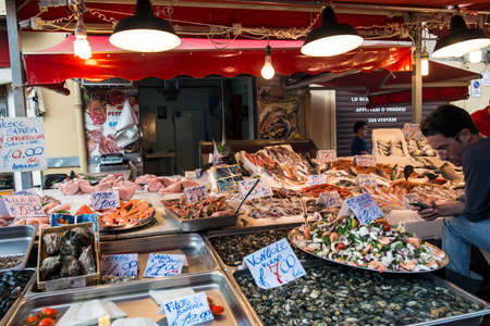 Fresh fish market stalls in the old town of Palermoのeditorial素材