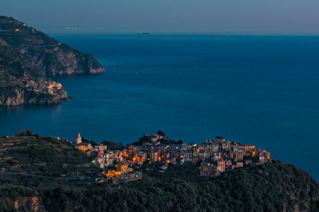 Corniglia on a small promontory overlooking the sea, is the most typical and characteristic village of the Cinque Terreの写真素材