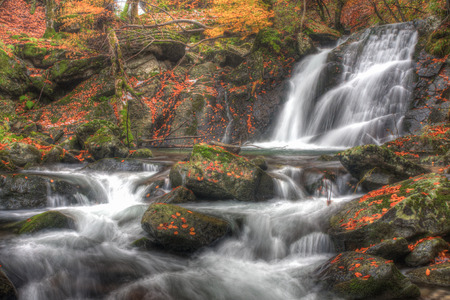 Waterfalls in the forest in autumnの写真素材