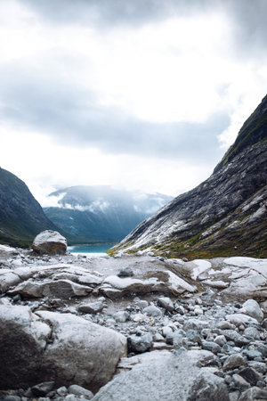 Picturesque landscape mountains of Norway. Beautiful view of the lake. Traveling, lifestyle.