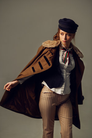 Fashion Model in the studio. Beautiful Sexy Woman In Stylish Fashionable Fall Clothes.の写真素材