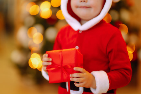 Little boy in santa costume with christmas gift. Happy child holding red present box. new year.の写真素材