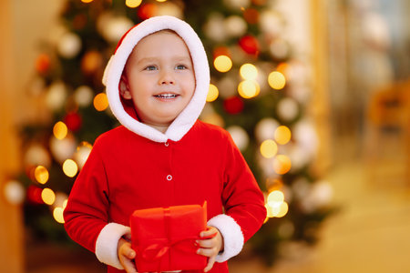 Little boy in santa costume with christmas gift. Happy child holding red present box. new year.の写真素材