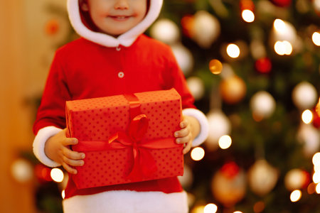Little boy in santa costume with christmas gift. Happy child holding red present box. new year.の写真素材