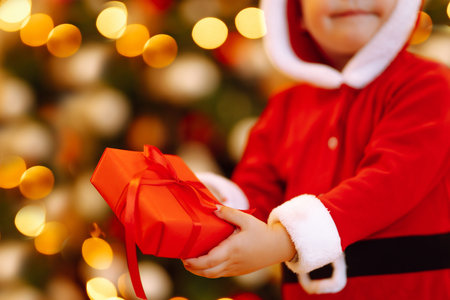 Little boy in santa costume with christmas gift. Happy child holding red present box. new year.の写真素材