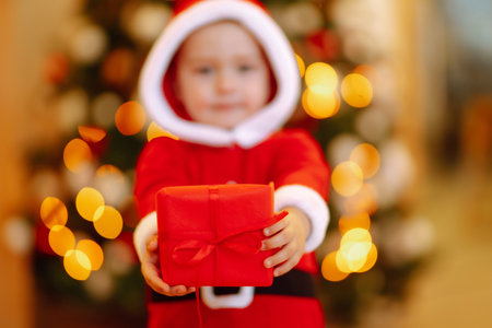 Little boy in santa costume with christmas gift. Happy child holding red present box. new year.の写真素材