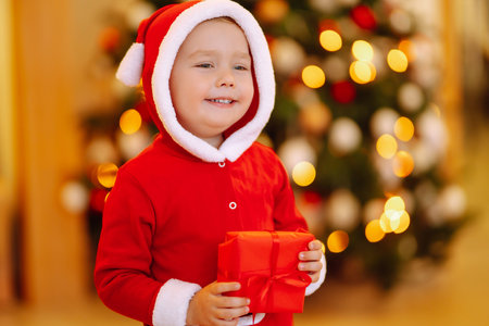 Little boy in santa costume with christmas gift. Happy child holding red present box. new year.の写真素材