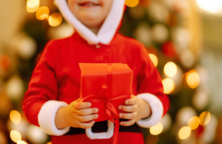 Little boy in santa costume with christmas gift. Happy child holding red present box. new year.の写真素材