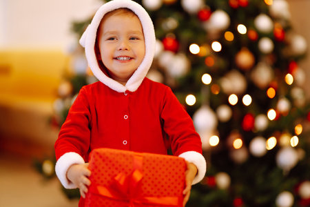 Little boy in santa costume with christmas gift. Happy child holding red present box. new year.の写真素材
