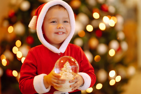 Little child in santa costume holding a Christmas snow globe on the background lights.New year concept.の写真素材