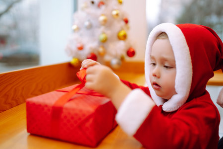 Little boy in santa costume open a christmas gift. Winter holiday, New Year.の写真素材