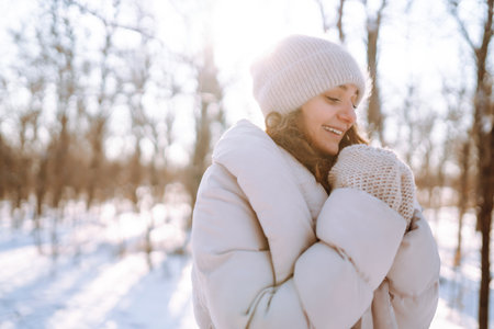 Happy woman in winter style clothes walking in the snowy park. Nature, holidays, travel concept.の写真素材