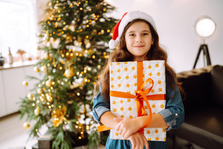 Happy female child in Santa red hat holding Christmas gifts.Smiling little girl posing with presentsの写真素材