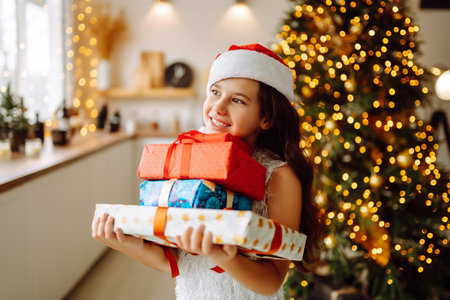 Happy female child in Santa red hat holding Christmas gifts.Smiling little girl posing with presentsの写真素材